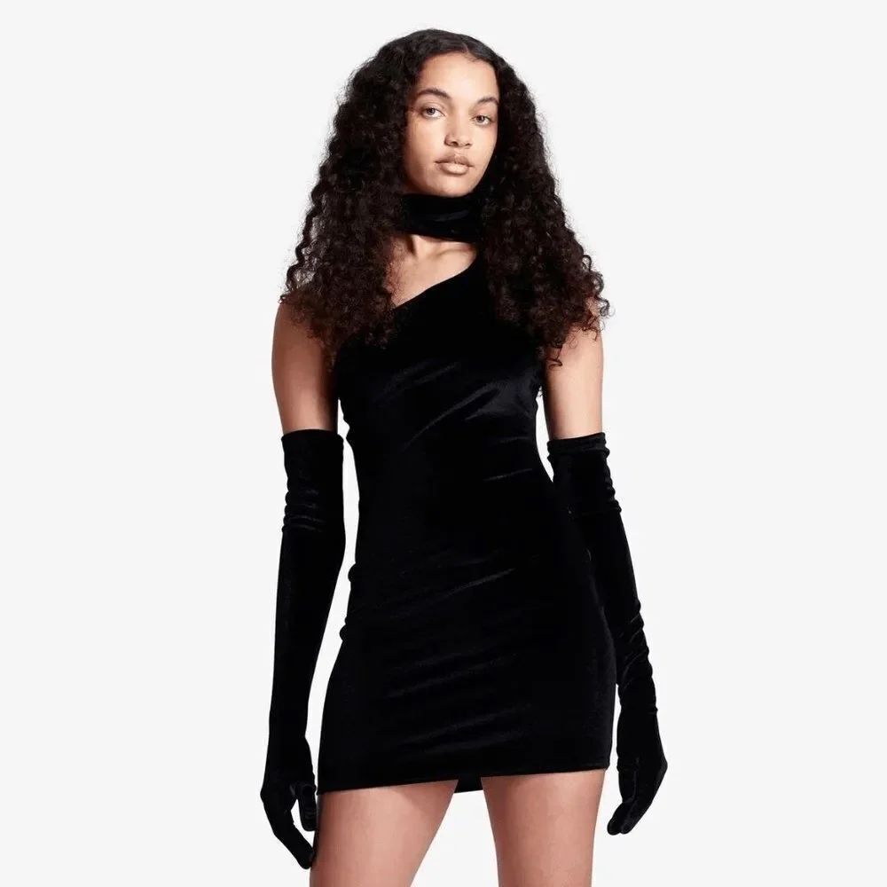 NWOT Miscreants Revolve Gina Black Velvet Choker Mini Dress UK14 US10 No Gloves